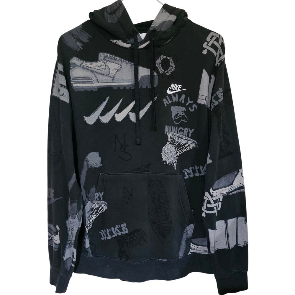 Nike Sportswear Club Fleece Pullover Hoodie Black with Printed Design Size S